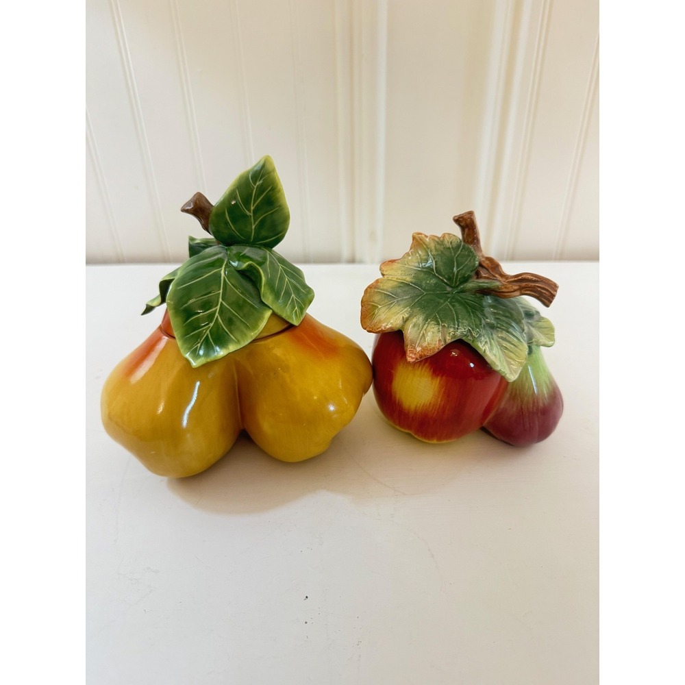 Fitz And Floyd Trinket Set Multicolor Apples And Pears Ceramic Art Pottery